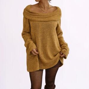 2000s Miracle Berry Off Shoulder Chartreuse Knit Slouchy Tunic Sweater Large
